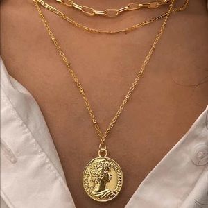 European Empire Coin Medallion Pendant Charm Gold Chain Layered Layer Necklace